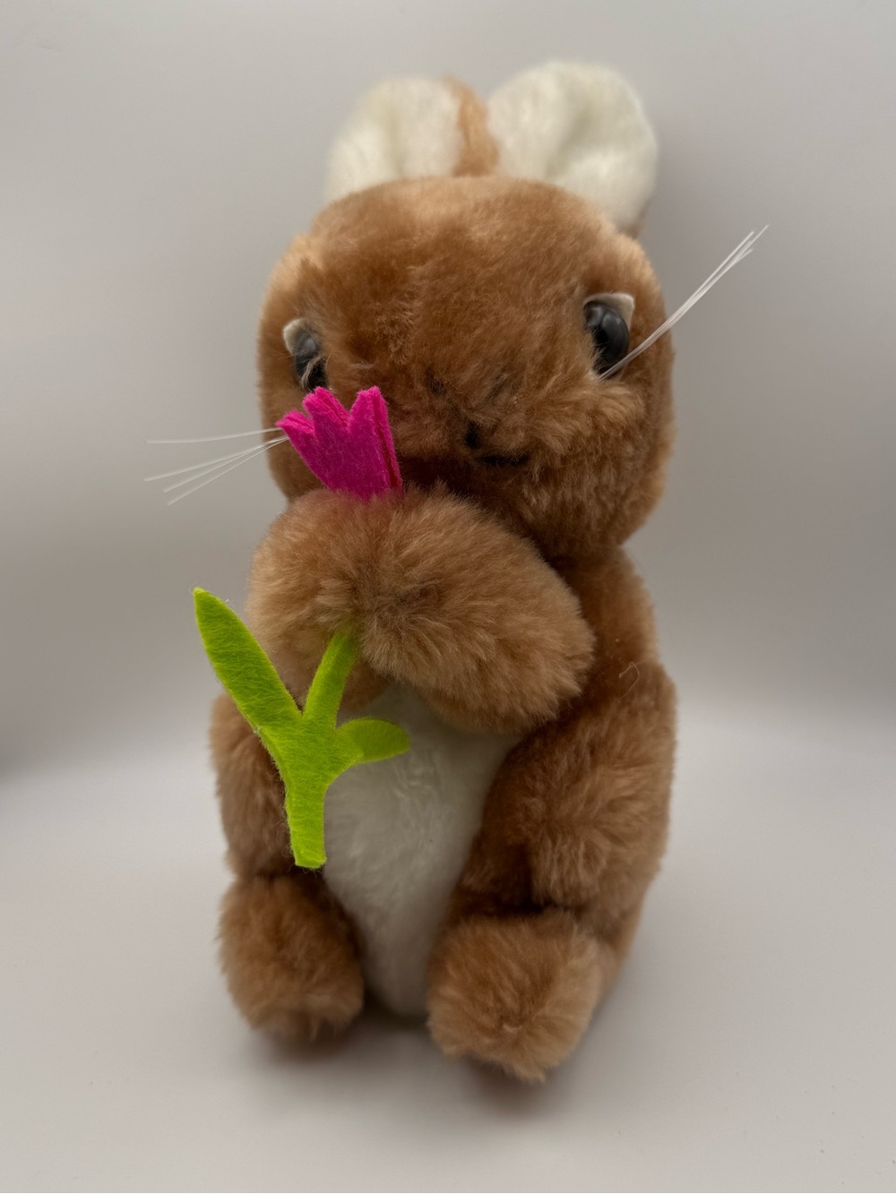 Vintage Plush Brown Bunny with Pink Flower Easter Peter Rabbit